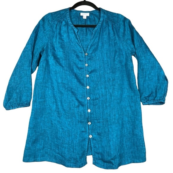 Pure Jill Linen Aqua Blue 3/4 Sleeve Easy Button-Front Lagenlook Tunic Top  Sz S - Picture 1 of 13